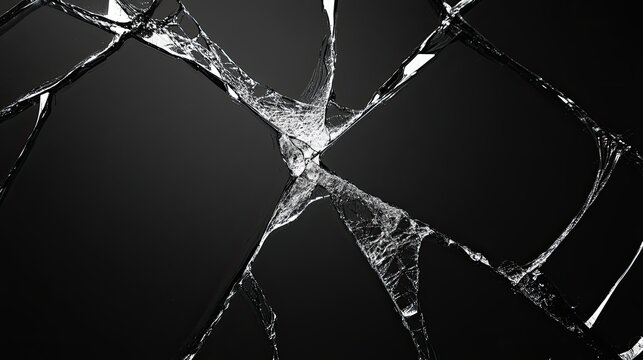 Black and white photo of a cracked glass pane on a solid black background high contrast