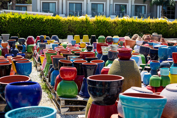 Ceramic vibrant flower pots outdoors in sunny day