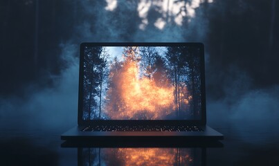 Laptop Displaying Forest Fire in a Smokey Setting