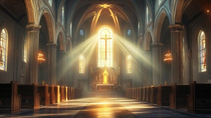 Obraz premium Church interior bathed in heavenly light with a cross at the center, offering a divine and peaceful atmosphere, perfect for reflection