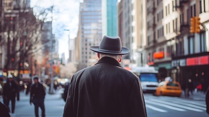 Stylish Man in Fedora Hat Taking a Stroll Down Urban Street