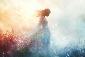 Naklejka premium Woman in White Dress in a Dreamlike Setting