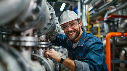Smiling engineer working on industrial machinery in factory.