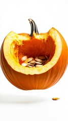 Silhouette of a floating whole pumpkin with a cut section showing seeds, set against a white backdrop