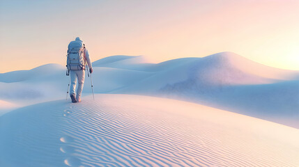 3D Backpacker Trekking Across Glossy Desert Dunes at Twilight - Serene Exploration Scene with Wide Angle Perspective on White Background