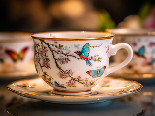 Chinoiserie tea set, porcelain cups adorned with delicate cherry blossom branches, accented by vibrant butterflies and hummingbirds