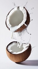 Silhouette of a halved coconut with milk splashing, floating in midair against a white background