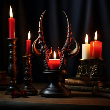 Red candle on the devill horned stand