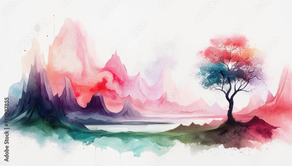 Poster abstract watercolor background featuring a rainbow of vibrant colors with splashes and brushstrokes,
