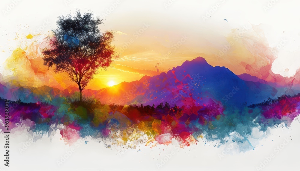 Poster abstract watercolor background featuring a rainbow of vibrant colors with splashes and brushstrokes,