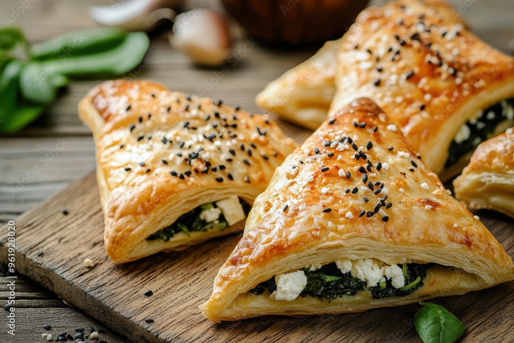 Canvas Prints Spinach and feta filled puff pastries on wooden table