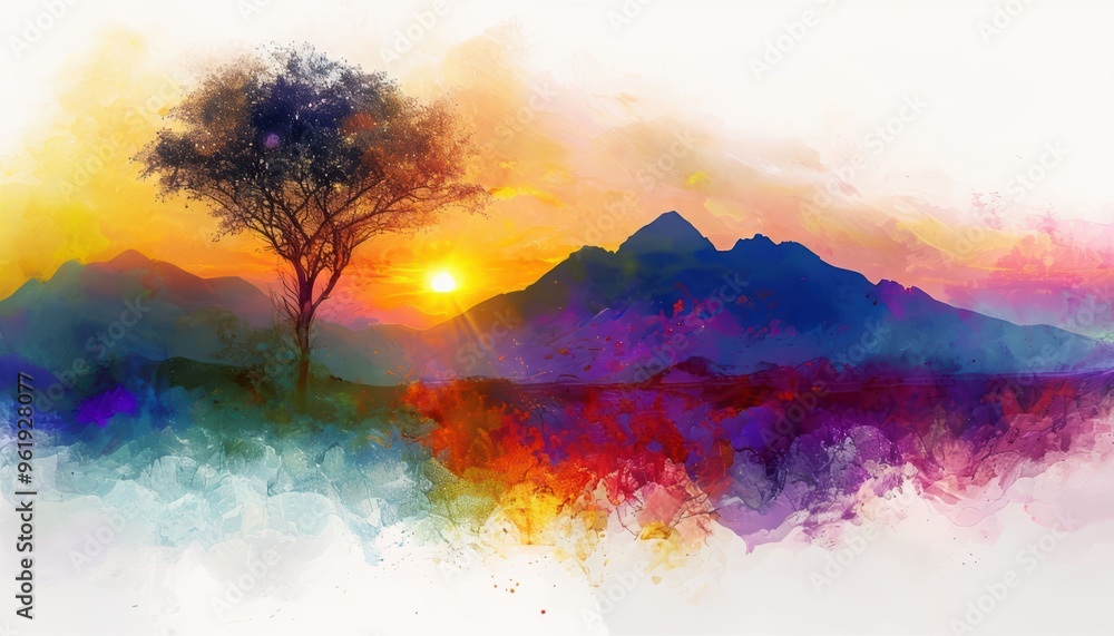 Poster abstract watercolor background featuring a rainbow of vibrant colors with splashes and brushstrokes,