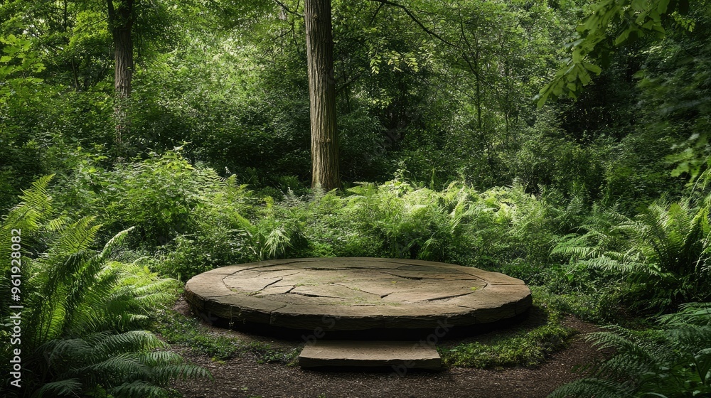 Poster circular stone display platform set in the middle of a green forest, with ferns and trees creating a