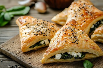 Spinach and feta filled puff pastries on wooden table