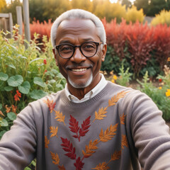 Man takes a selfie with a harvest in the autumn garden