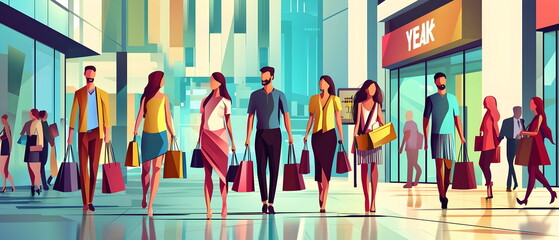 A flat illustration of a group of people shopping, dynamic poses, holding bags, vibrant colors, in front of a modern shopping mall. Background includes sleek storefronts, signage, and cityscape