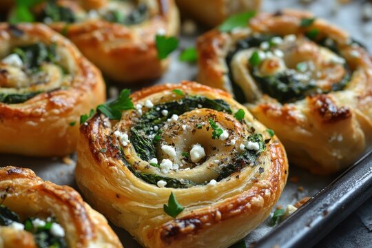 Spinach and feta puff pastry pizza rolls with garlic homemade and tasty - Powered by Adobe