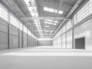 A large, empty warehouse with steel beams and white floors, illuminated by bright lights.