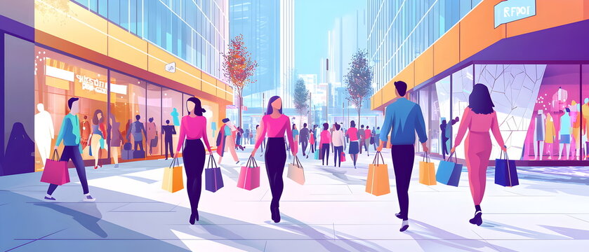 A flat illustration of a group of people shopping, dynamic poses, holding bags, vibrant colors, in front of a modern shopping mall. Background includes sleek storefronts, signage, and cityscape