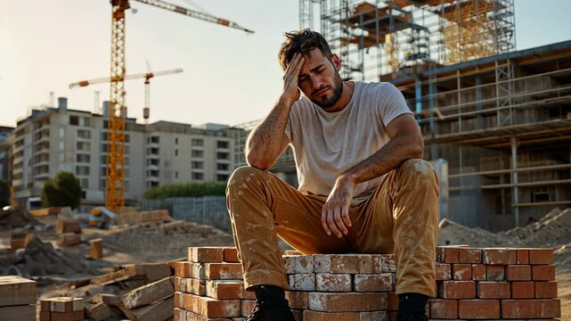Exhausted Construction Worker Taking Break at Building Site