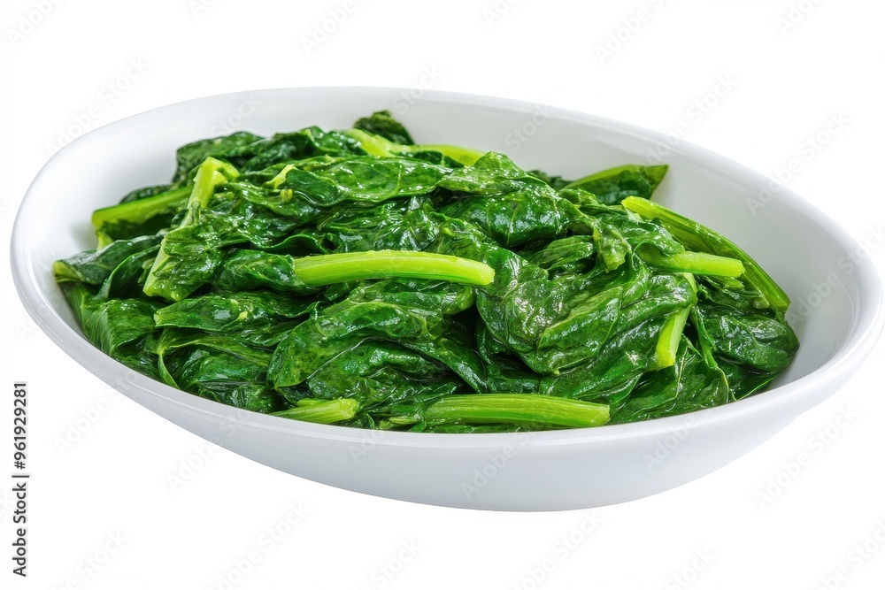 Wall mural spinach cooked in white dish with clipping path on white background