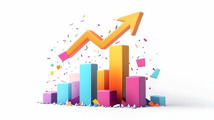 3D Floating Arrow and Bar Chart Icon with 'Revenue Growth' Text - Vector Design Symbolizing Financial Success on White Background