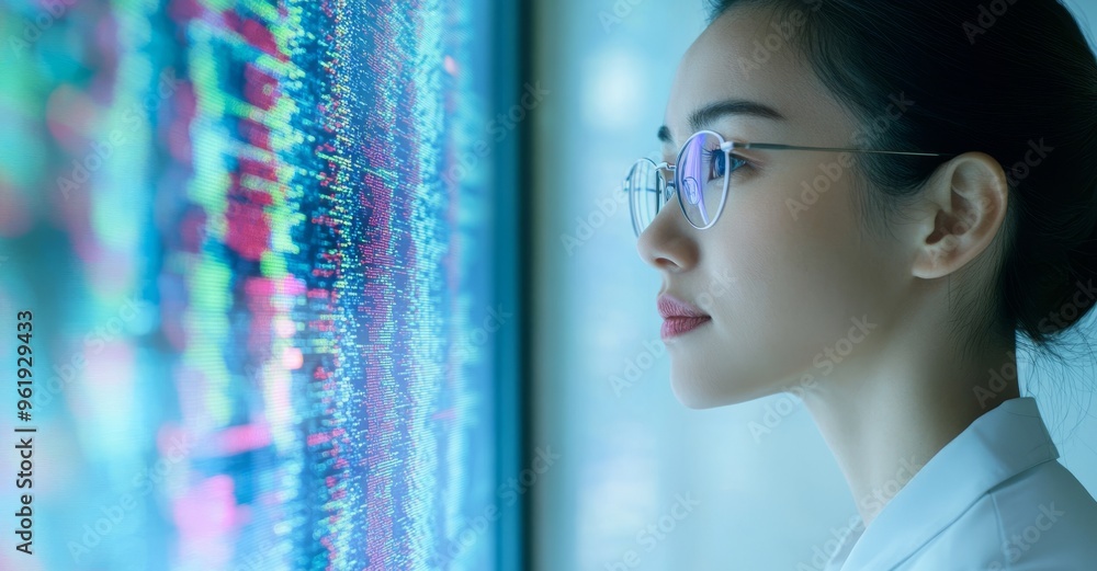 Poster an asian female freelancer with eyeglasses, typing a prompt via an ai bot, working on an it app prog