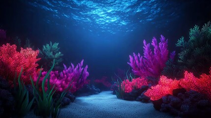 Naklejka premium Vibrant neon landscape featuring glowing cacti, colorful plants, and a shimmering stream under a starry sky.