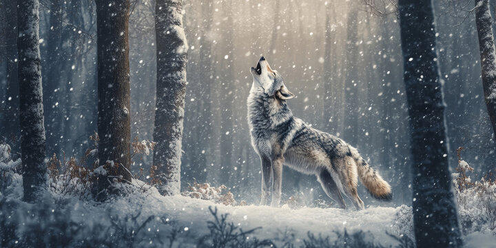 A howling wolf with its body blending into the trees of a winter forest, snow softly falling around the scene.