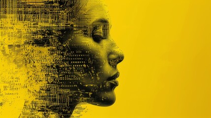 A side profile of a digital woman seamlessly blending into pixelated data, set against a bright yellow background. The artwork represents the fusion of human identity and technology, with intricate