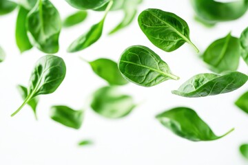 Fototapeta premium Spinach leaves flying on white background Blurred focus