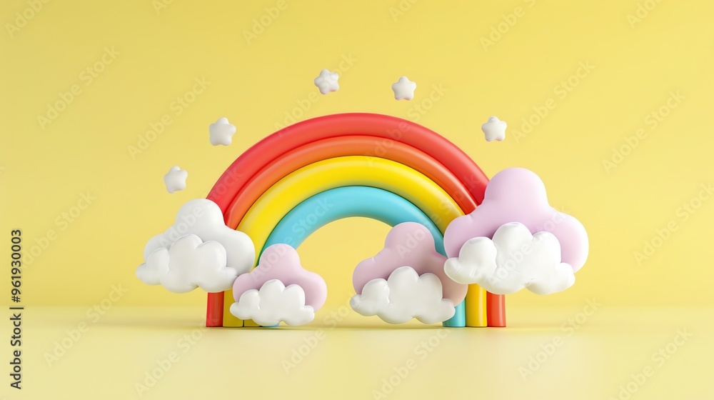 Canvas Prints A colorful rainbow with clouds and stars on a yellow background.