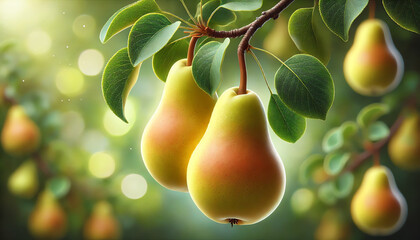 An image of two ripe pears hanging from a branch on a leafy green tree