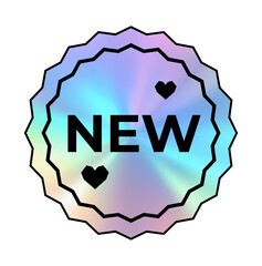 A holographic sticker in the shape of a multi-pointed star with lettering and hearts. Full vector, cut out, clip art