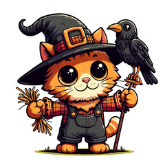 Cartoon Cat Scarecrow Vector Icon Illustration Animal