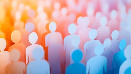 Abstract Crowd of Paper People in a Blurred Orange and Blue Light