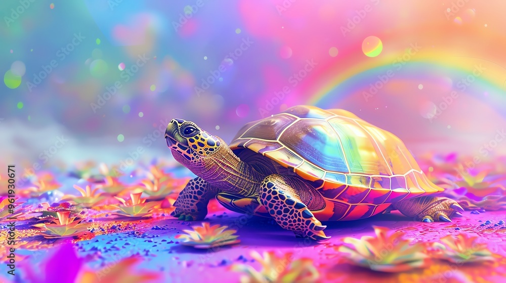 Poster a turtle with a colorful shell in a magical, rainbow landscape.