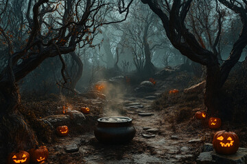 A haunted forest clearing with a bubbling cauldron, twisted trees, and jack-o'-lanterns scattered around.