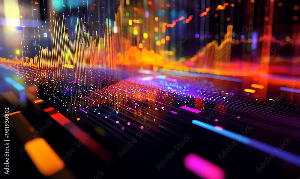 Poster abstract colorful lines and glowing dots on a black background