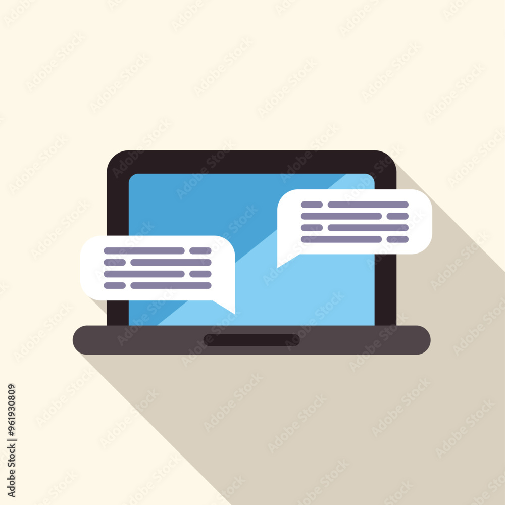 Poster open laptop computer displaying an instant messaging app with two chat bubbles open