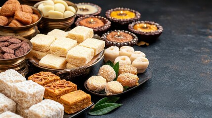 A table filled with traditional Diwali sweets like ladoos, barfi, and mithai, beautifully arranged for the festival