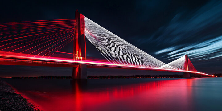 Red and white light trails flowing in parallel lines across a bridge at night, contrasting sharply with the dark sky and water below.