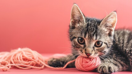 A cute tabby kitten playing with a pink ball of yarn.