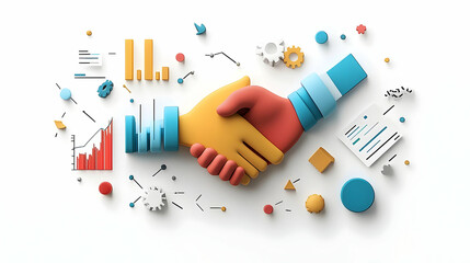 3D Floating Handshake and Graph Icon with Business Development Text - Dynamic Vector Design Symbolizing Growth and Partnerships on White Background