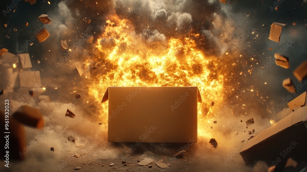 Aufkleber delivery gone wrong: a cardboard box explodes with fire and smoke, creating a chaotic and dangerous 