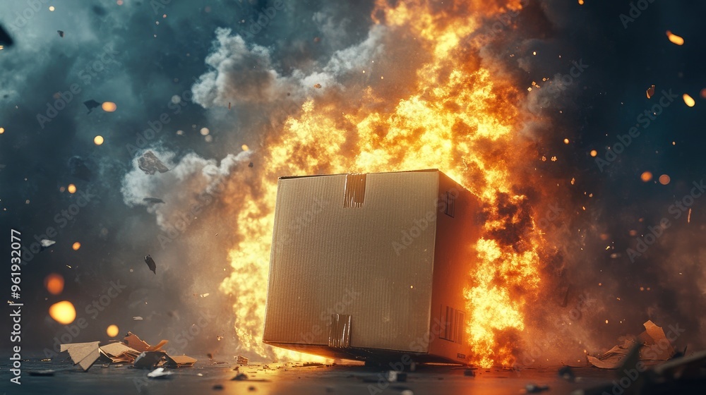 Aufkleber delivery gone wrong: a cardboard box explodes with fire and smoke, creating a chaotic and dangerous 