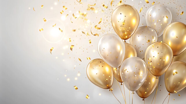 Festive colorful transparent  balloons with glitter confetti on clean background, perfect for celebrations and parties.