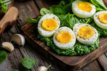 Spinach puree topped eggs on wooden table