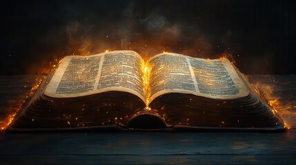 ancient leatherbound bible dramatically spotlit pages open to genesis golden text gleaming ethereal light illuminating weathered parchment mystical aura surrounding