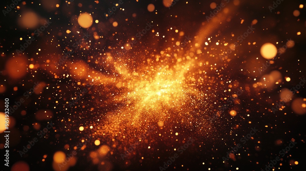 Poster dynamic explosion of bright particles with sparks flying in a fiery display, creating energy and mov